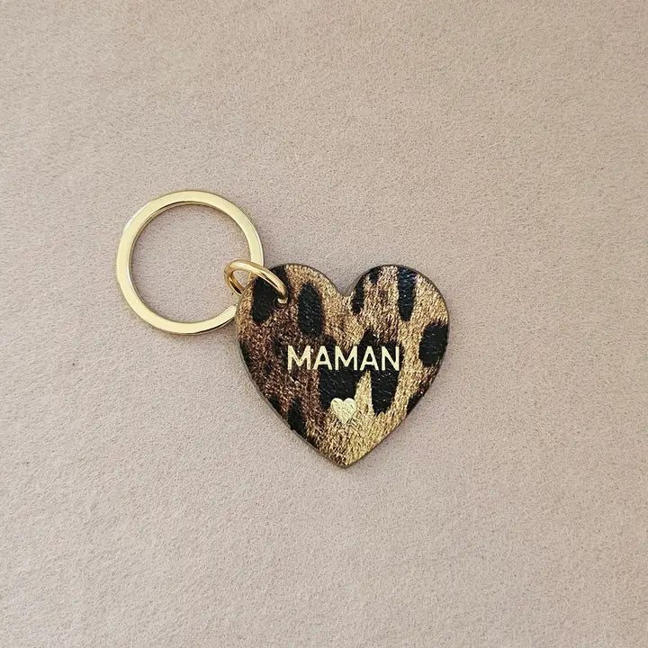 Porte clé cuir coeur maman